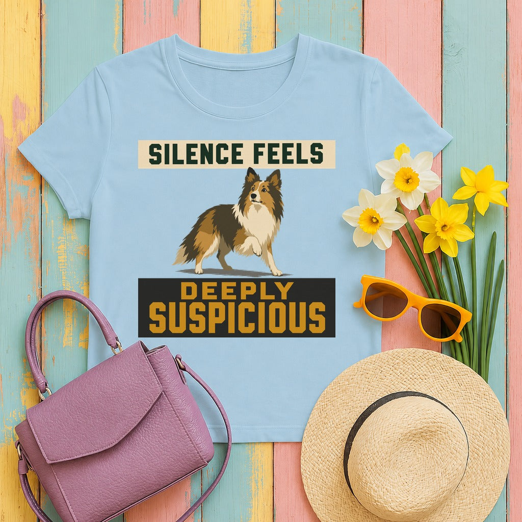 Deeply Suspicious Sheltie T-shirt in Light Blue