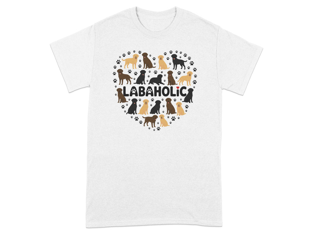 Labaholic t-shirt with heart shape of various dog breeds and paw prints.