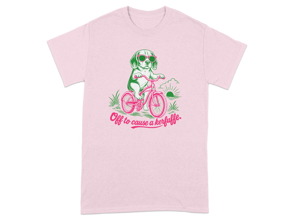 Pink t-shirt graphic of dog on bicycle wearing sunglasses, "Off to cause a kerfuffle."
