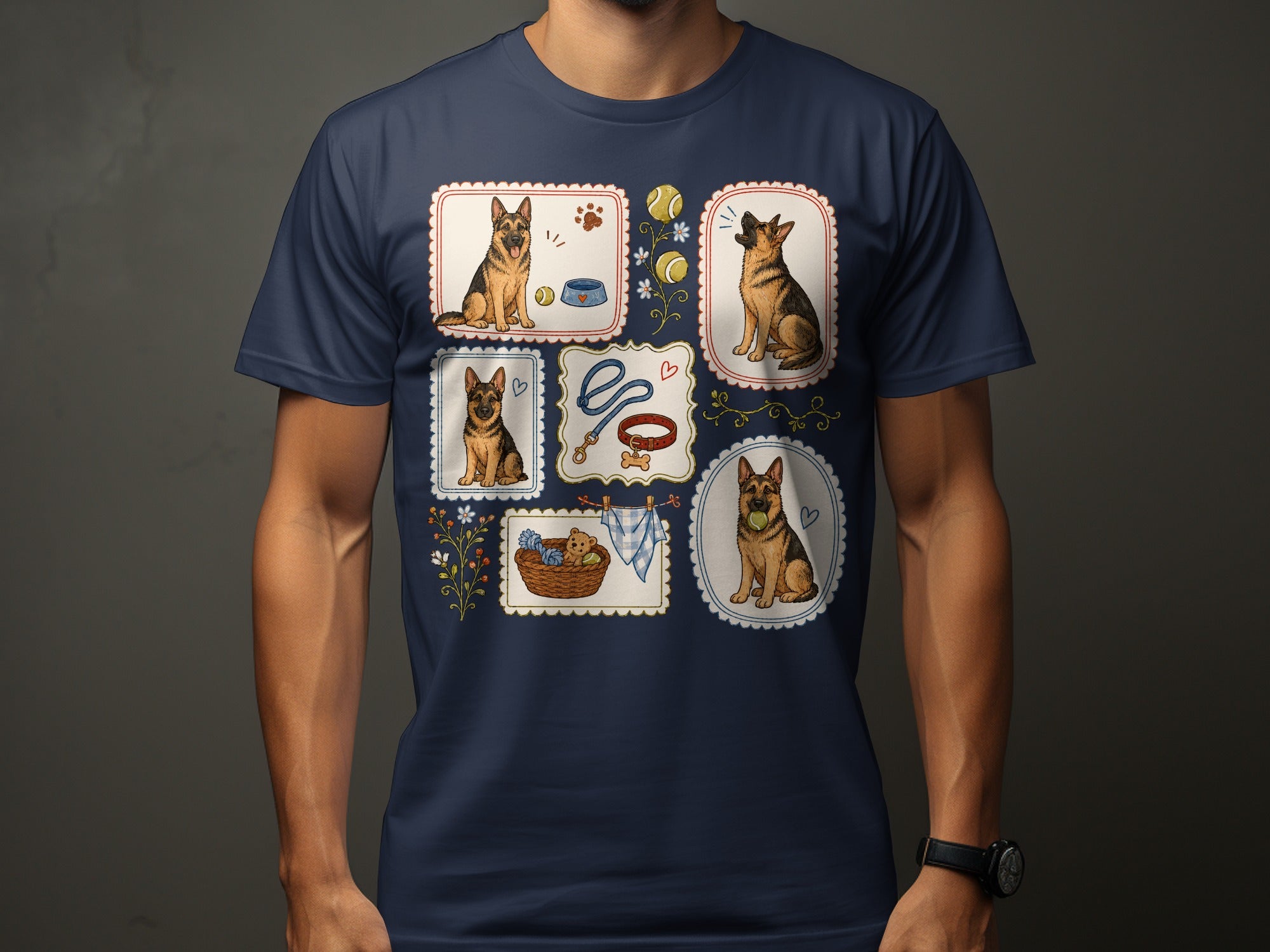 Framed illustrations of German Shepherds in various poses and activities, on a navy t-shirt.