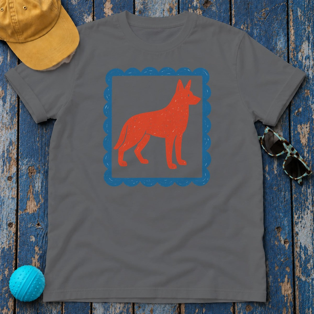 German Shepherd Stamp With Blue Border Decorative Design T-Shirt in Graphite Heather