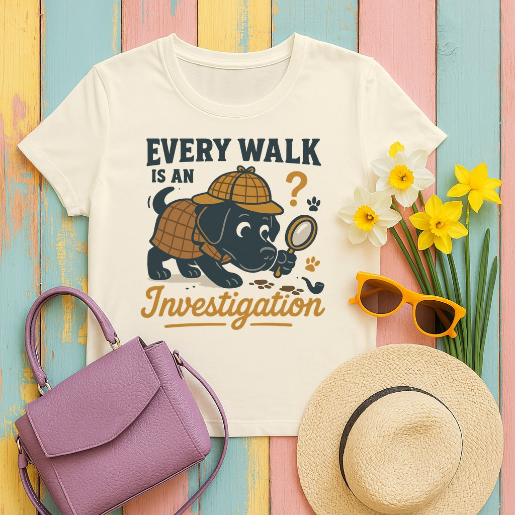 Black Lab "Every Walk is an Investigation" Cartoon T-shirt in Natural