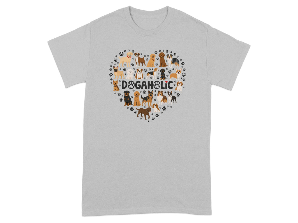 Grey t-shirt featuring a heart made of various dog breeds and paw prints.