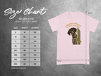 Gildan 5000 t-shirt size chart with dog graphic and text "Personally Invested in Your Business".