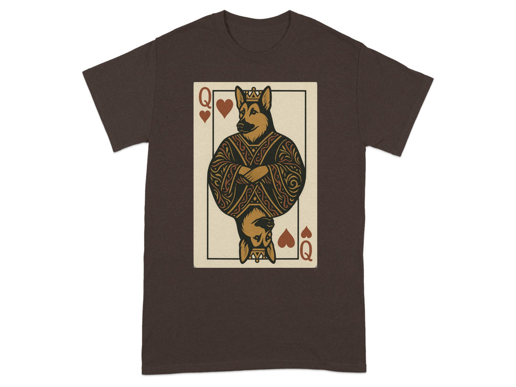 German Shepherd in a Queen of Hearts playing card design on a brown t-shirt.
