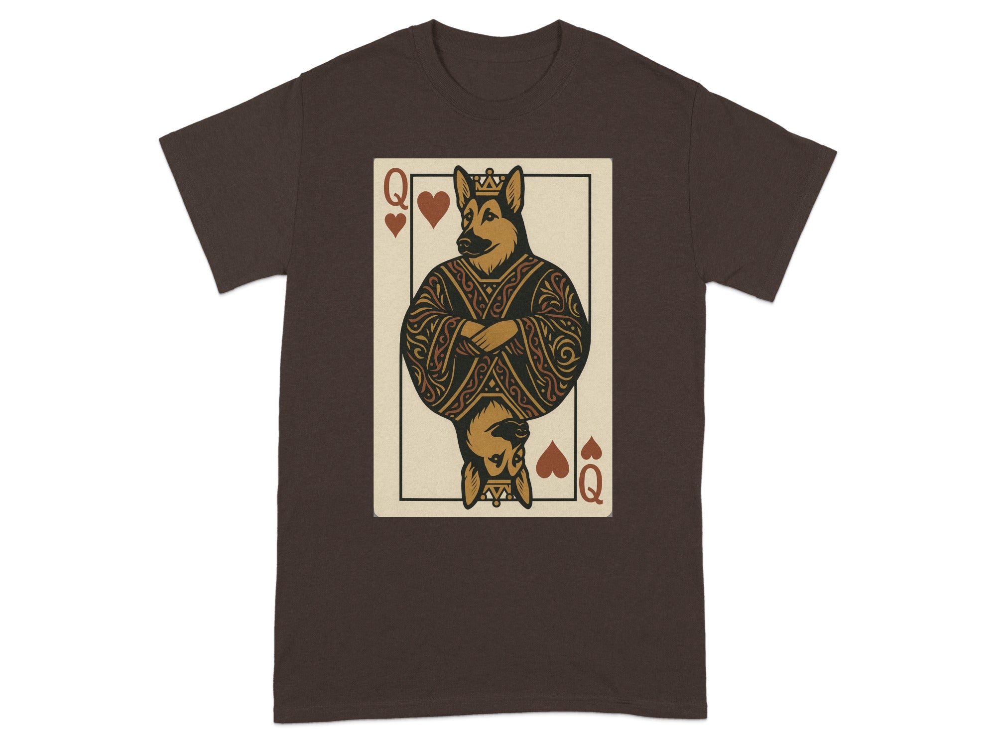 German Shepherd in a Queen of Hearts playing card design on a brown t-shirt.