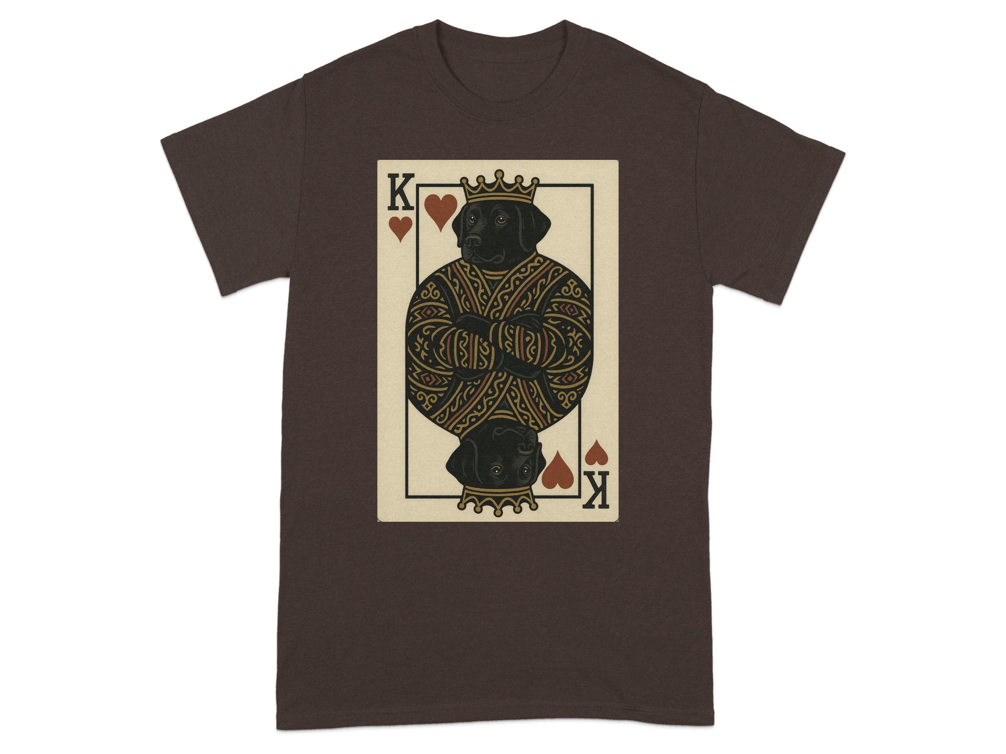 King of Hearts playing card with a black labrador wearing a crown and ornate robe.