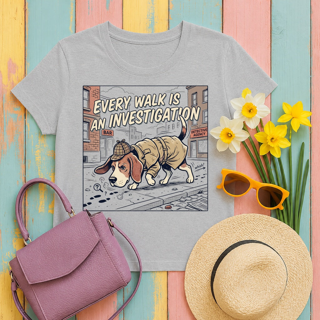 Every Walk is an Investigation Beagle Cartoon T-Shirt in Sport Grey