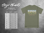 Gildan 5000 Heavy Cotton T-Shirt size chart with width and length measurements.