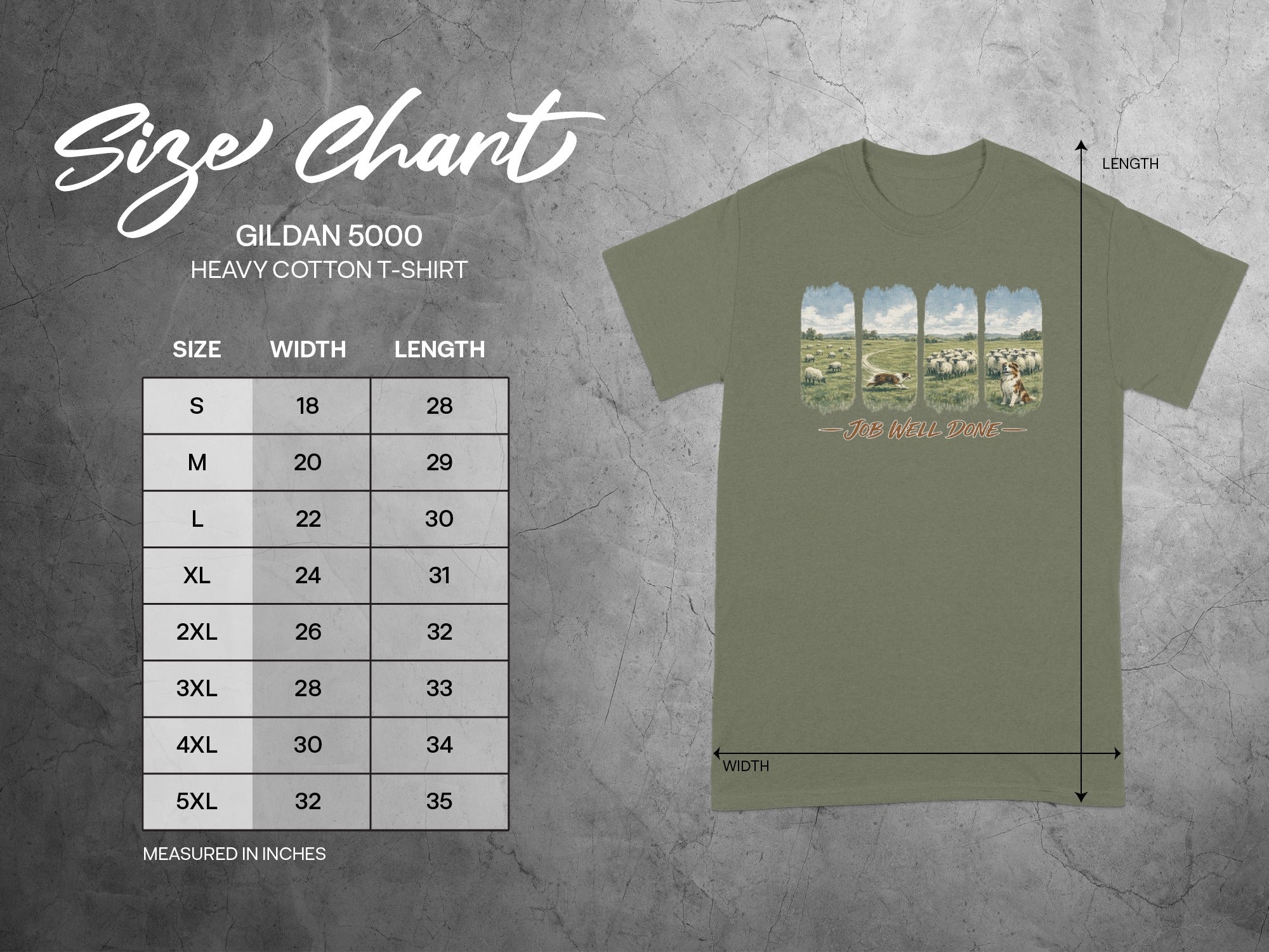 Gildan 5000 Heavy Cotton T-Shirt size chart with width and length measurements.