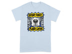 Light blue t-shirt with "SCENT FIRST. PLANS LATER." comic-style text and dog nose.