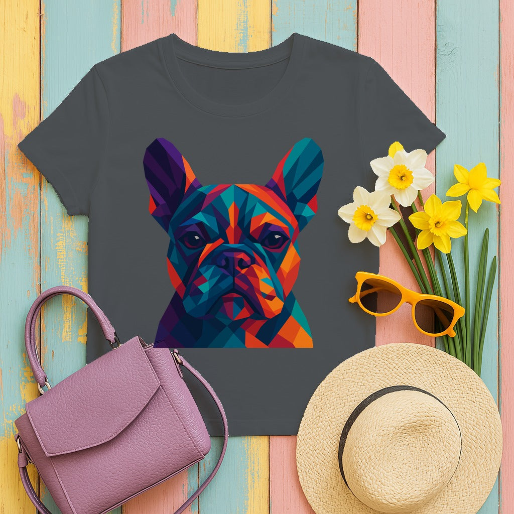 Geometric Colorful Frenchie Face T-Shirt in Charcoal