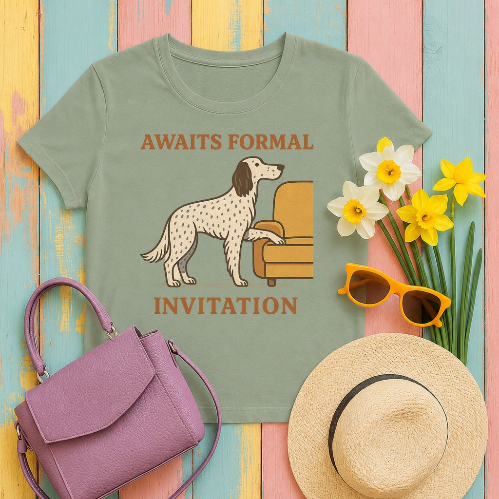 English Setter Awaits Formal Invitation Tee in Sage