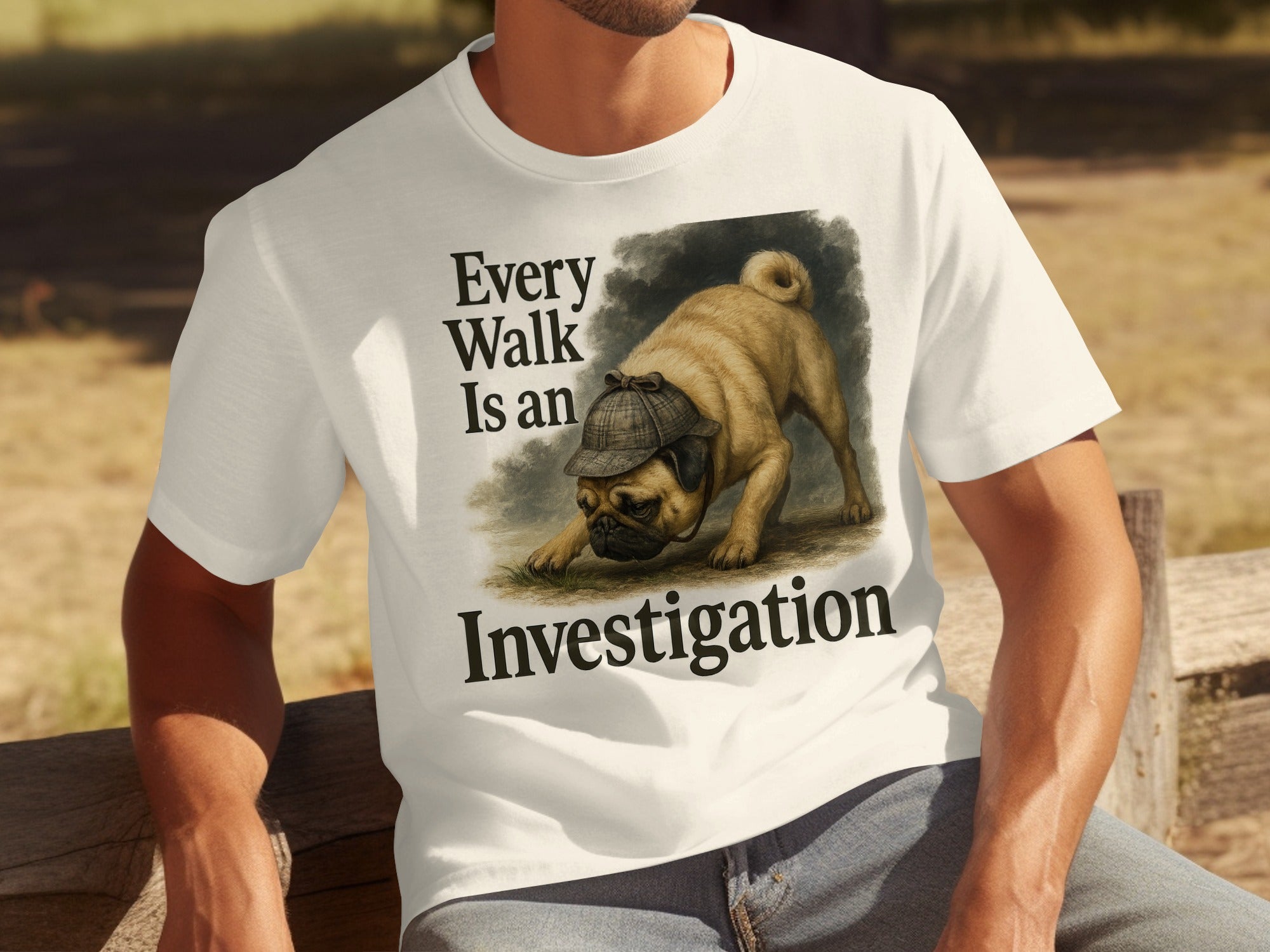 T-shirt graphic of a pug in a detective hat with text "Every Walk Is an Investigation".