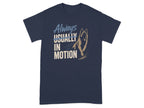 Navy t-shirt with "Always Usually In Motion" text and a running dog graphic.