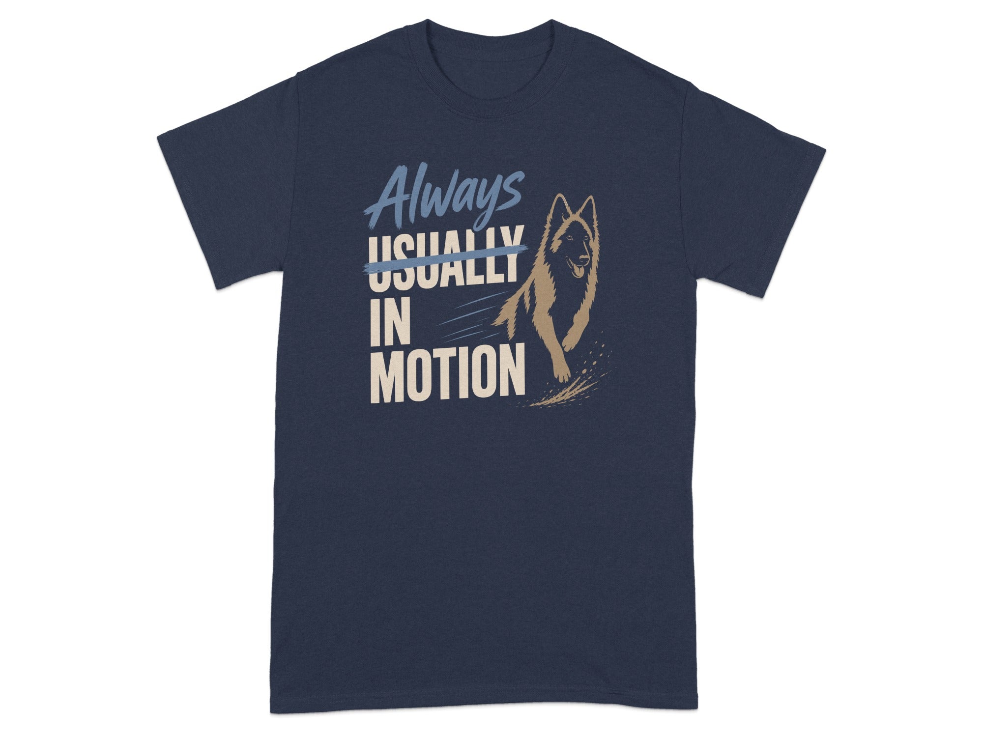 Navy t-shirt with "Always Usually In Motion" text and a running dog graphic.