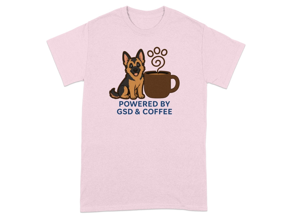 Pink t-shirt with a German Shepherd and a steaming coffee cup, text reads "POWERED BY GSD & COFFEE".