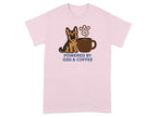Pink t-shirt with a German Shepherd and a steaming coffee cup, text reads "POWERED BY GSD & COFFEE".