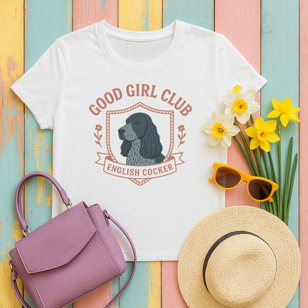 english cocker spaniel good-girl-club tee flat lay hero
