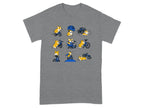 Nine cartoon corgis riding bicycles in various poses, on a grey t-shirt.