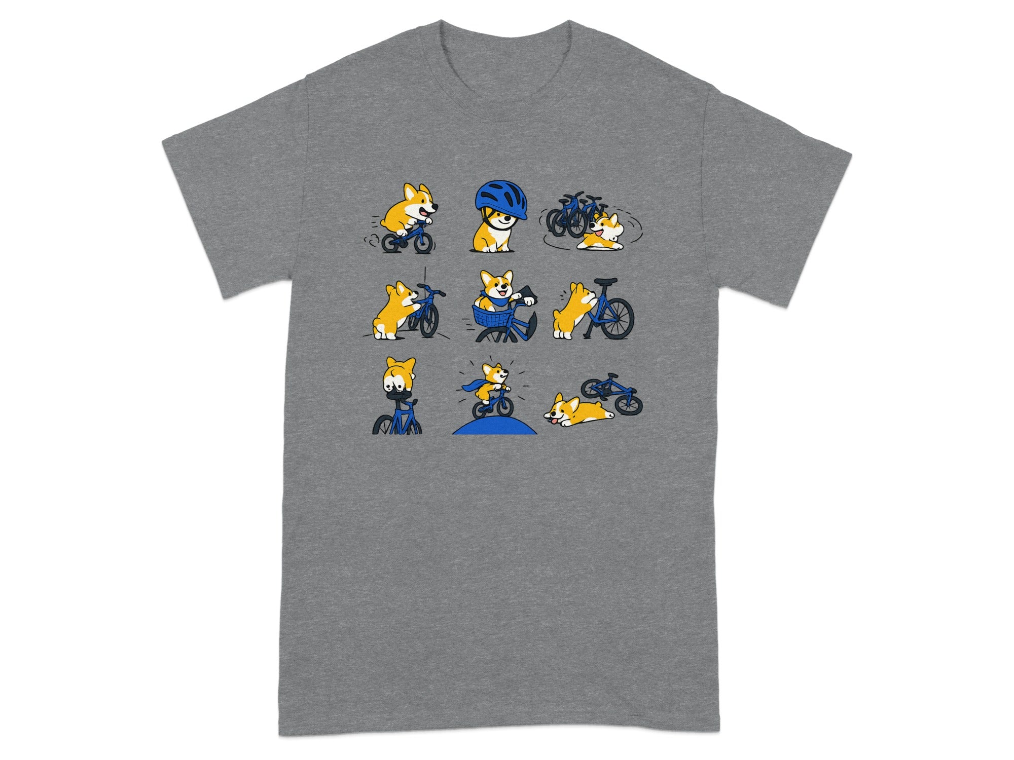 Nine cartoon corgis riding bicycles in various poses, on a grey t-shirt.