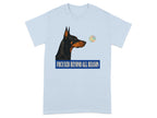 Light blue t-shirt with a Doberman's head and "FOCUSED BEYOND ALL REASON" text.