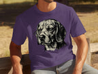 Beagle dog wearing glasses, printed on a purple t-shirt.