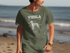 T-shirt with humorous "Vizsla" diagram detailing dog features.