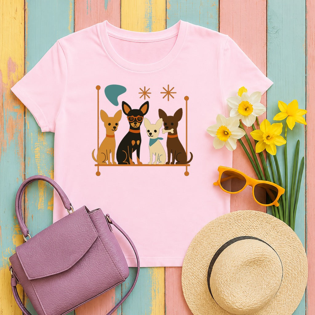 Mid-Century Chihuahua Crew T-Shirt in Light Pink