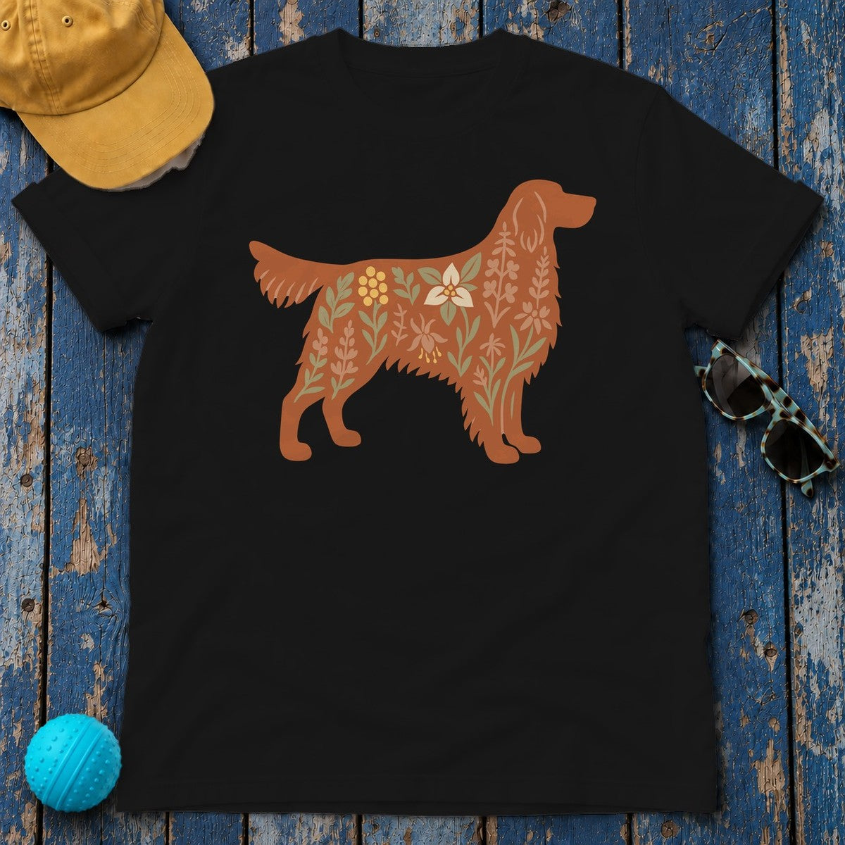 Floral Irish Setter Dog Silhouette Art Illustration T-Shirt in Black