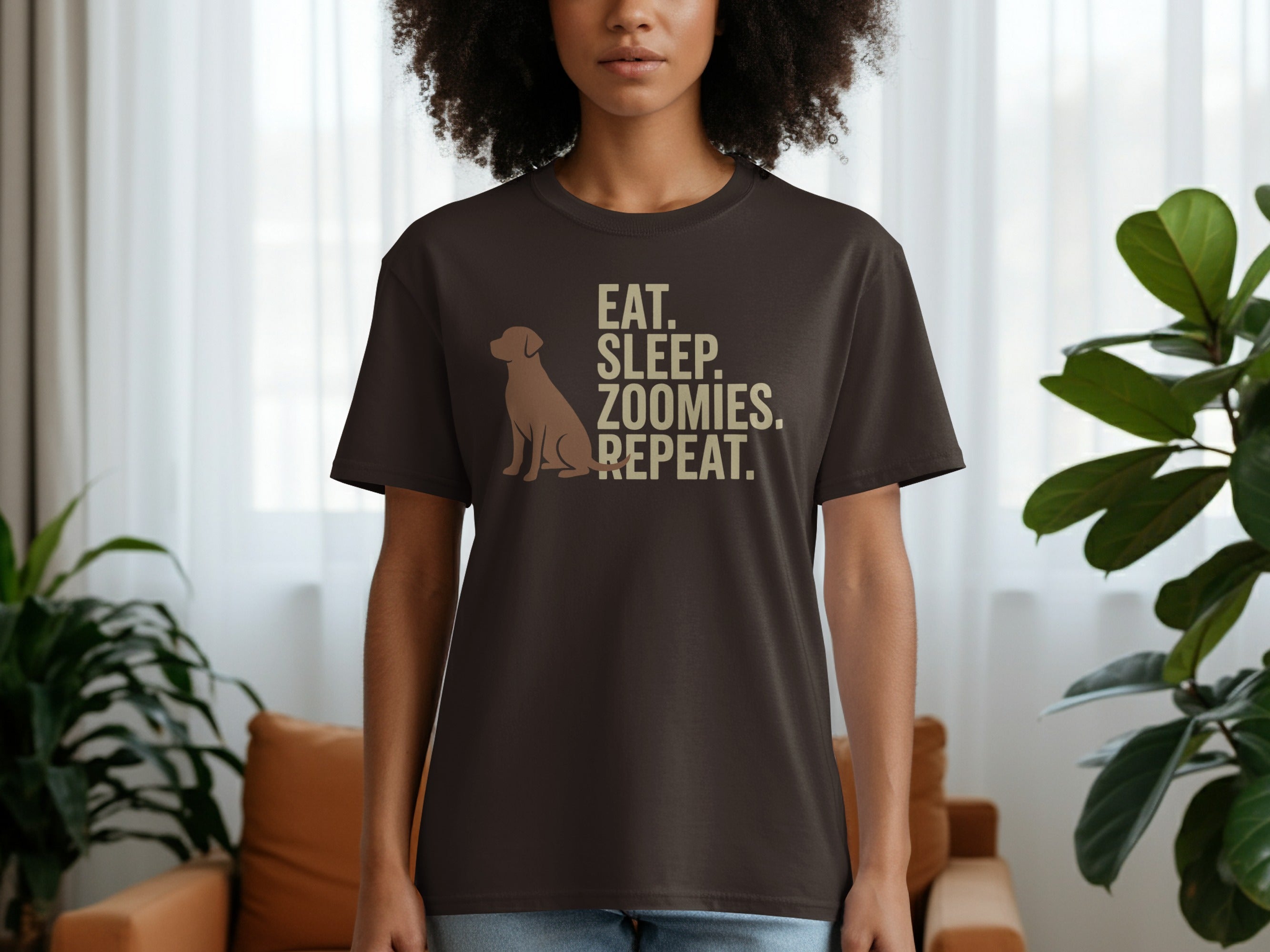 Brown t-shirt with dog and "EAT. SLEEP. ZOOMIES. REPEAT." text.