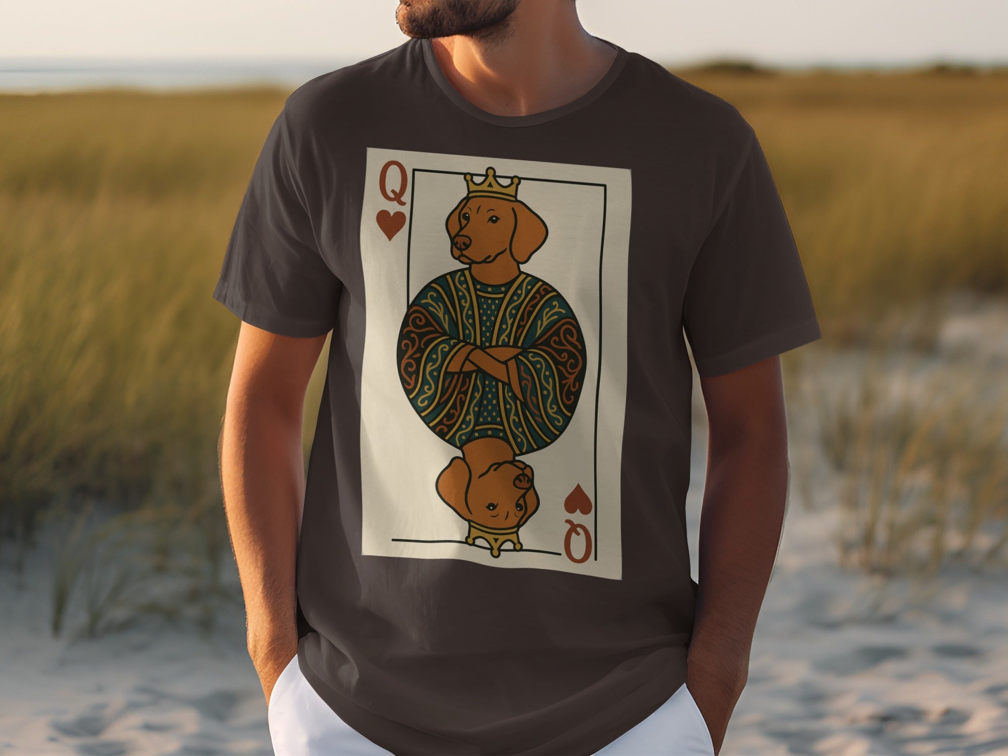 Queen of Hearts card with dogs printed on a dark t-shirt.