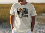 White t-shirt with "LOUD. STUBBORN. PERFECT." and beagle graphic.