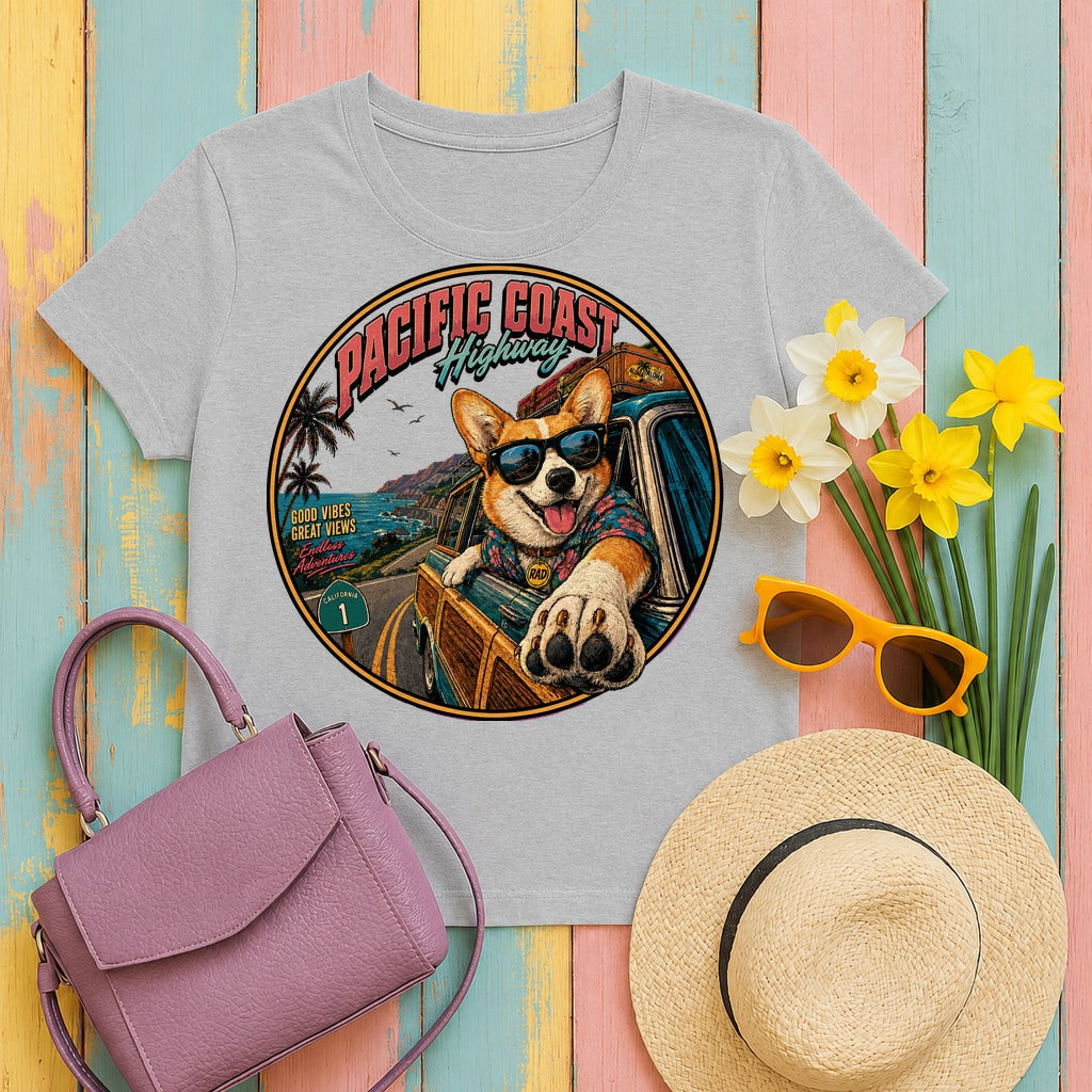 Pacific Coast Corgi Road Trip T-Shirt in Sport Grey