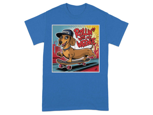 Rollin With My Weenie Skateboard Blue Shirt product type
