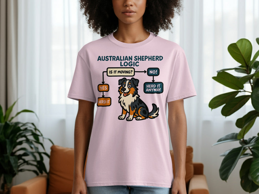Pink t-shirt with "Australian Shepherd Logic" flowchart and a cartoon dog.
