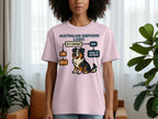 Pink t-shirt with "Australian Shepherd Logic" flowchart and a cartoon dog.