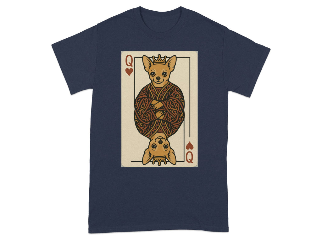 Chihuahua queen of hearts playing card graphic on a navy t-shirt.