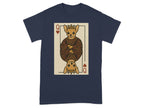 Chihuahua queen of hearts playing card graphic on a navy t-shirt.