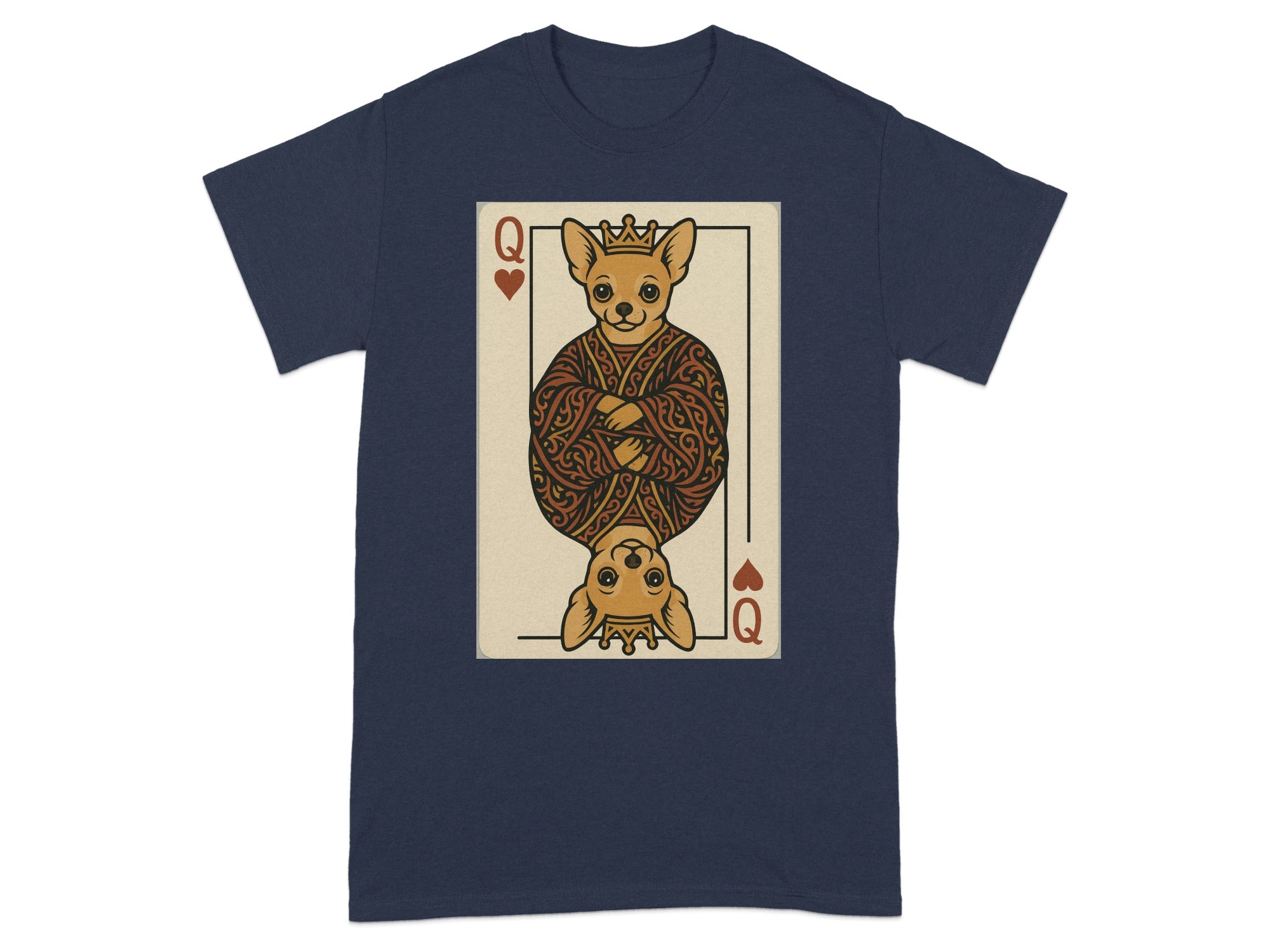 Chihuahua queen of hearts playing card graphic on a navy t-shirt.