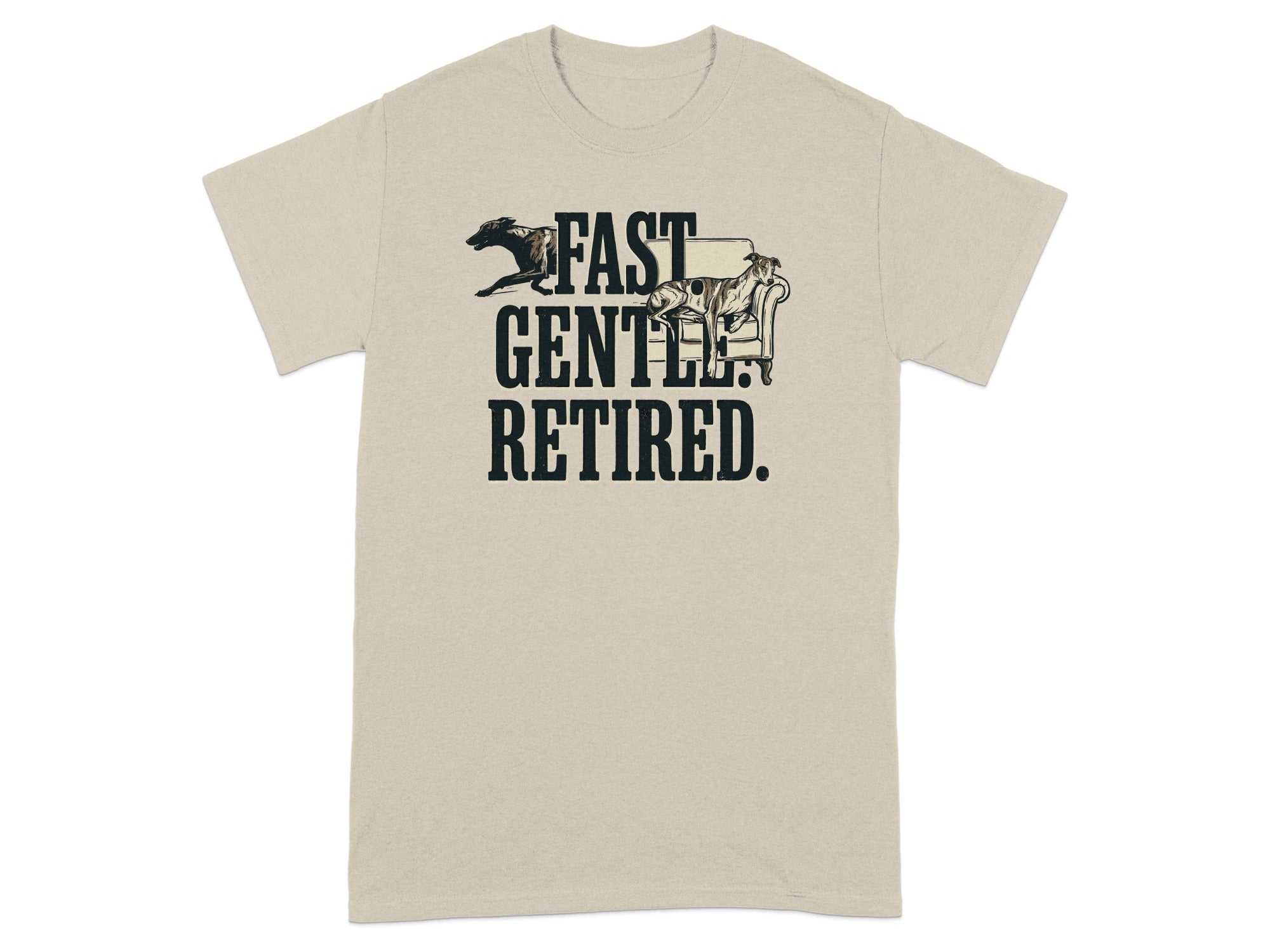 Cream t-shirt with "FAST GENTLE RETIRED." text and graphic.