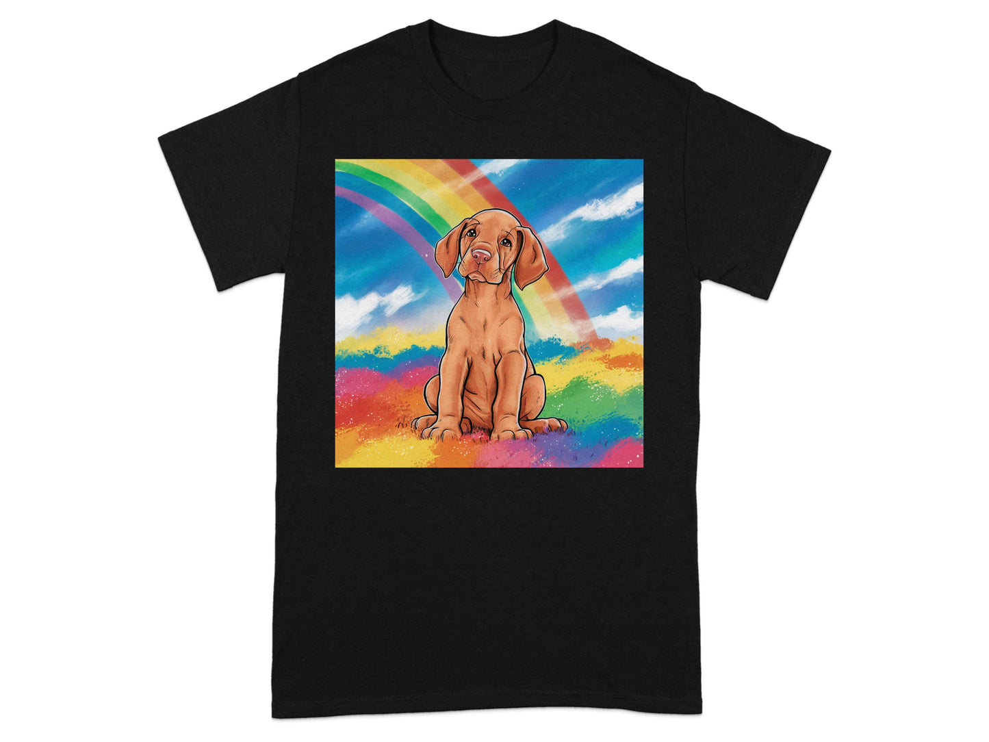 Colorful Rainbow Puppy Print on Black T-shirt product type