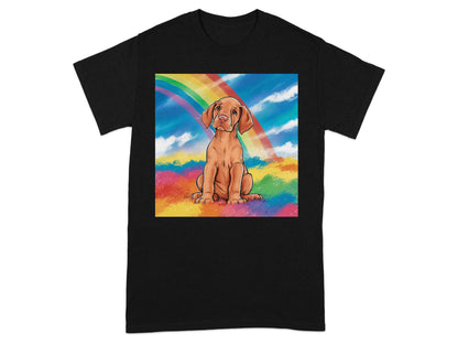 Colorful Rainbow Puppy Print on Black T-shirt product type