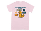 Pink t-shirt with "Golden Retriever Logic" flowchart and illustrated dog.