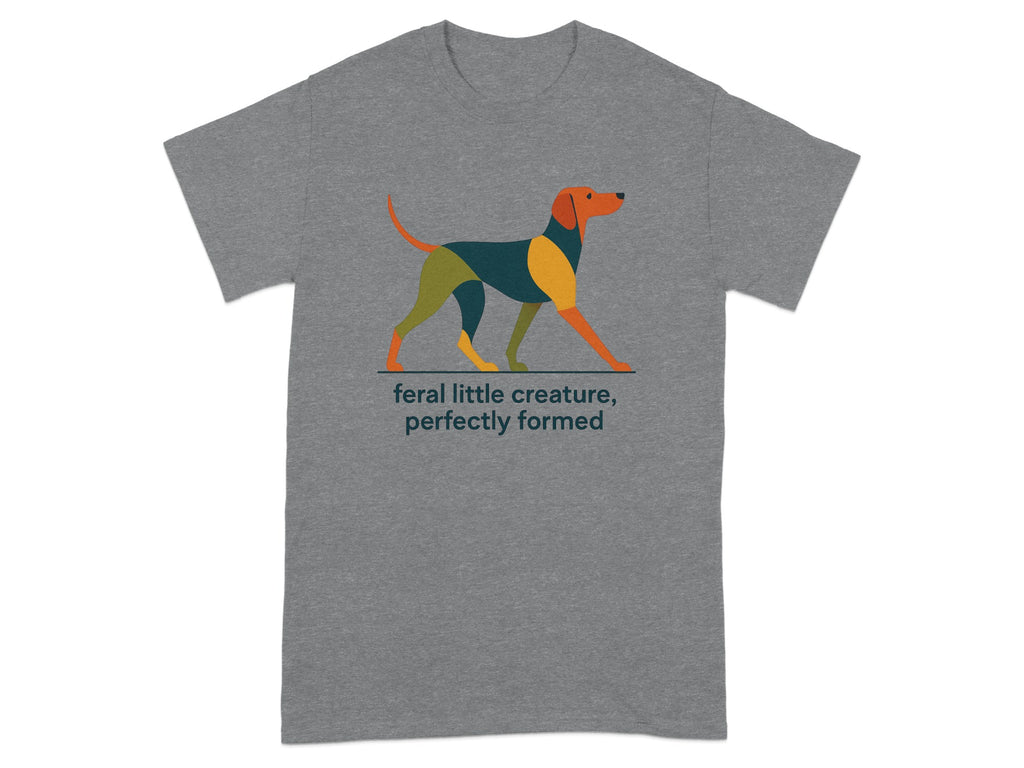Grey t-shirt with a geometric dog design and text.