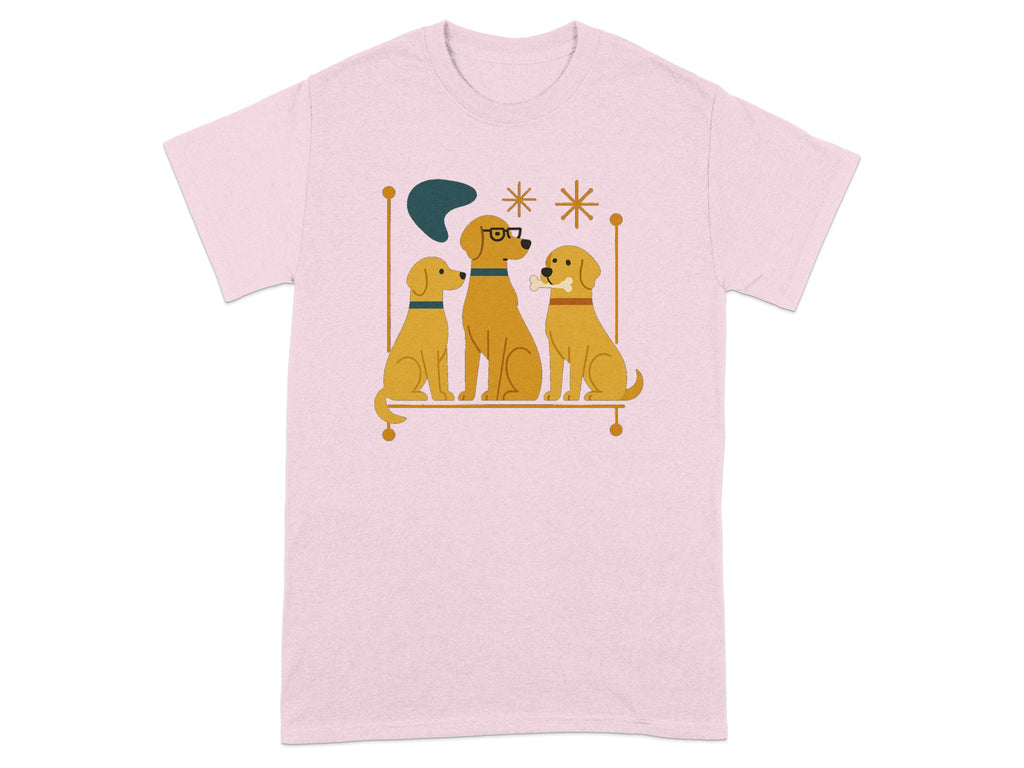 Three golden dogs sit on a shelf with a bone and abstract art.