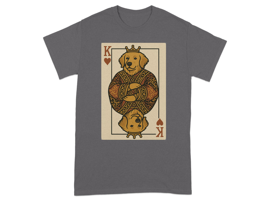 Golden retriever depicted as King of Hearts playing card on a dark grey t-shirt.