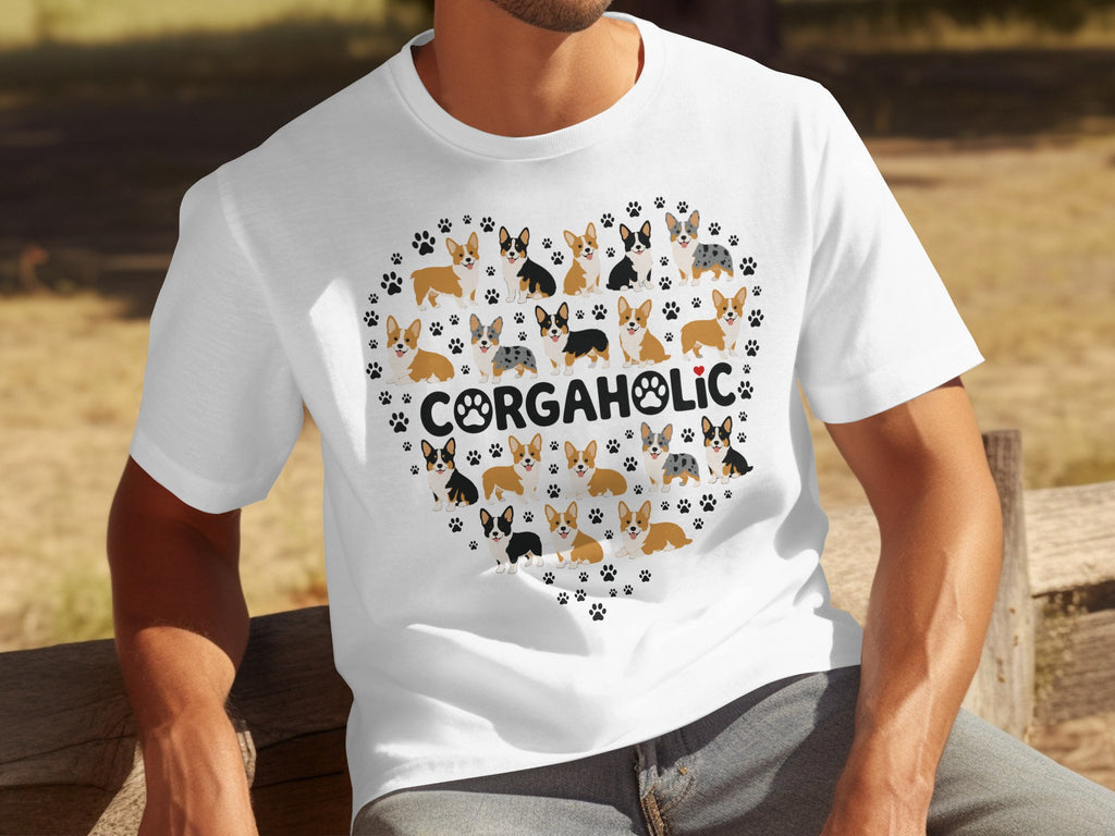 White t-shirt with a heart shape made of corgi dogs and paw prints.
