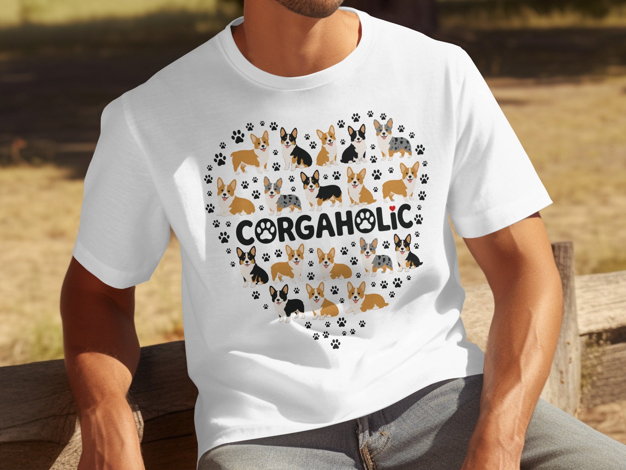 White t-shirt with a heart shape made of corgi dogs and paw prints.