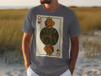 Grey t-shirt with Queen of Hearts playing card graphic featuring a dog.